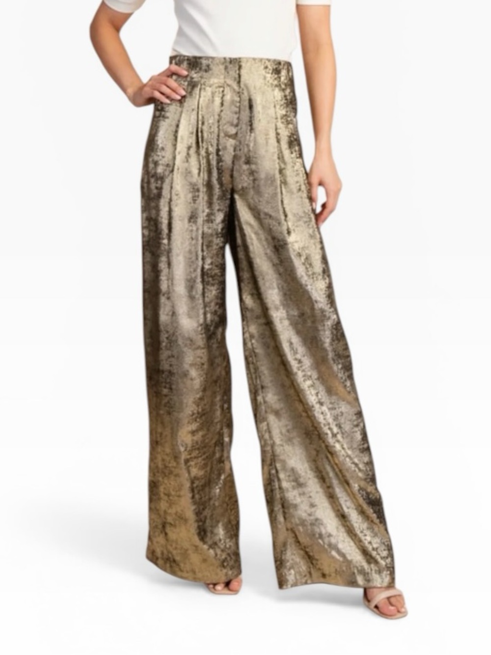Style USA gold tone shimmer Metallic over black wide‎ leg pants Sz M - Picture 10 of 10